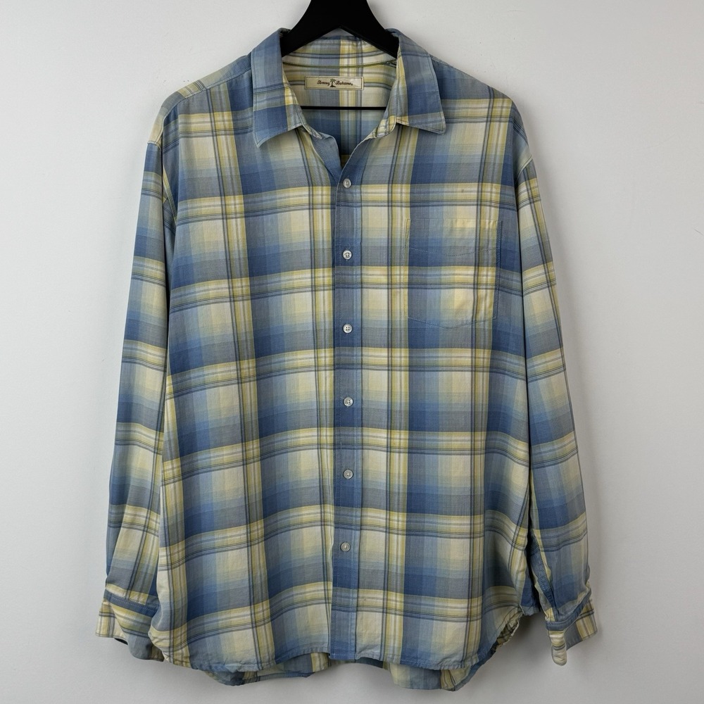 Tommy Bahama Silk Shirt Mens XL Blue Yellow Plaid Button Up Vacation Long Sleeve